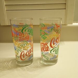 Coca Cola vintage bundle of two coke glasses with ribbon lettering